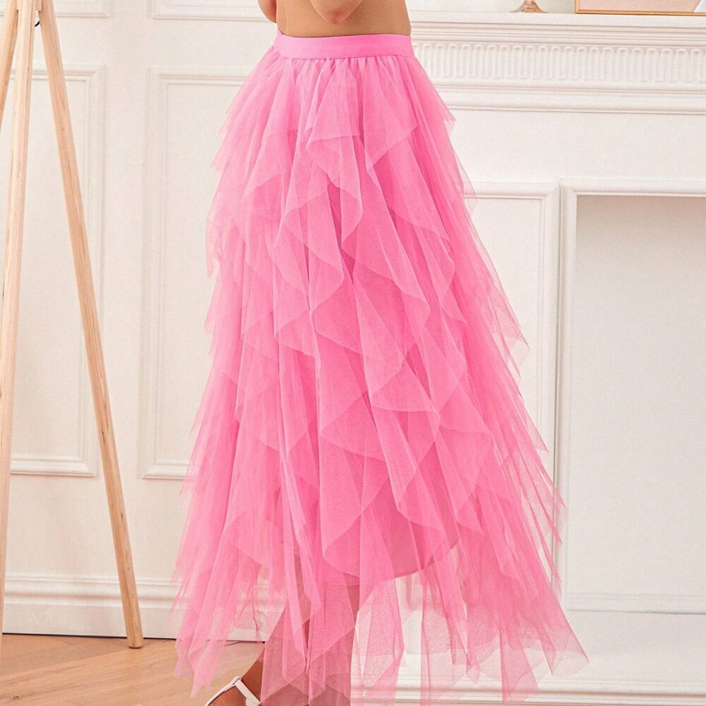 Pink Elegant Women's Sexy Long High Waist Tulle Skirt - Picture 8 of 8